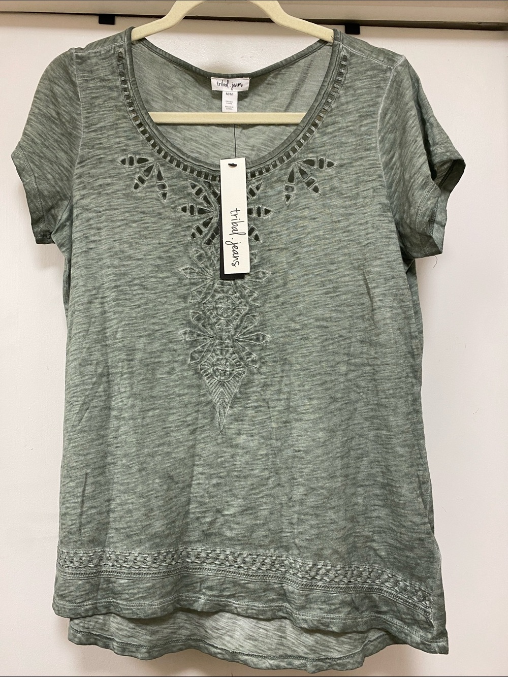 Sage Green Embroidered Scoop Neck Tee
